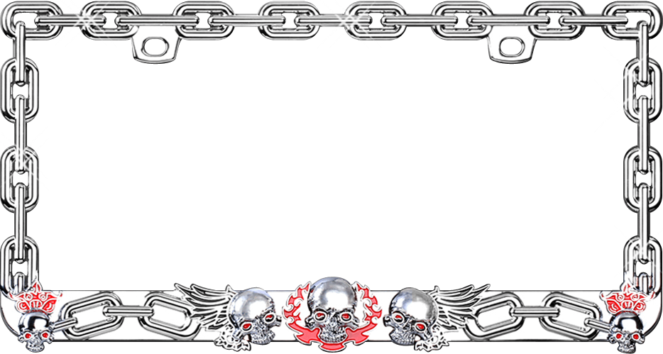 "Raging Skulls with Chain" Chrome Metal License Plate Frame with red accents